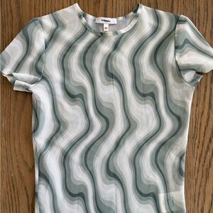 Miaou Short Sleeve Top in Green Wave Design